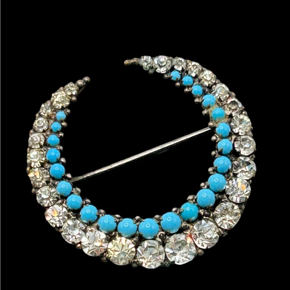 Antique Victorian Crescent Moon Paste Rhinestone and Turquoise Brooch